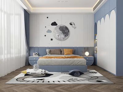 Kids Room Interior With Starry Sky Theme Moon Astronaut Decor Blue Furniture And Planet Rug 3d model