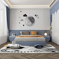 Kids Room Interior With Starry Sky Theme Moon Astronaut Decor Blue Furniture And Planet Rug