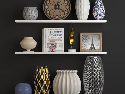 Elegant Decorative Ornament Set With Vases Plate Photo Frame Book On White Shelves 3d model