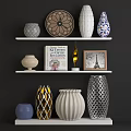 Elegant Decorative Ornament Set With Vases Plate Photo Frame Book On White Shelves