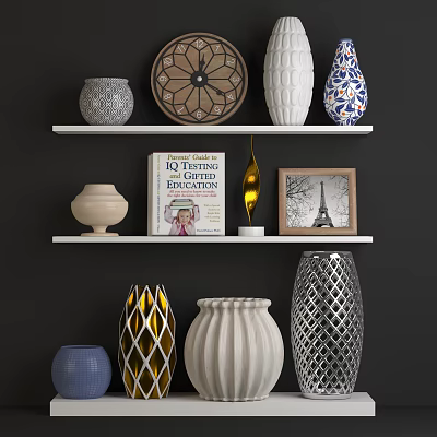 Elegant Decorative Ornament Set With Vases Plate Photo Frame Book On White Shelves 3d model