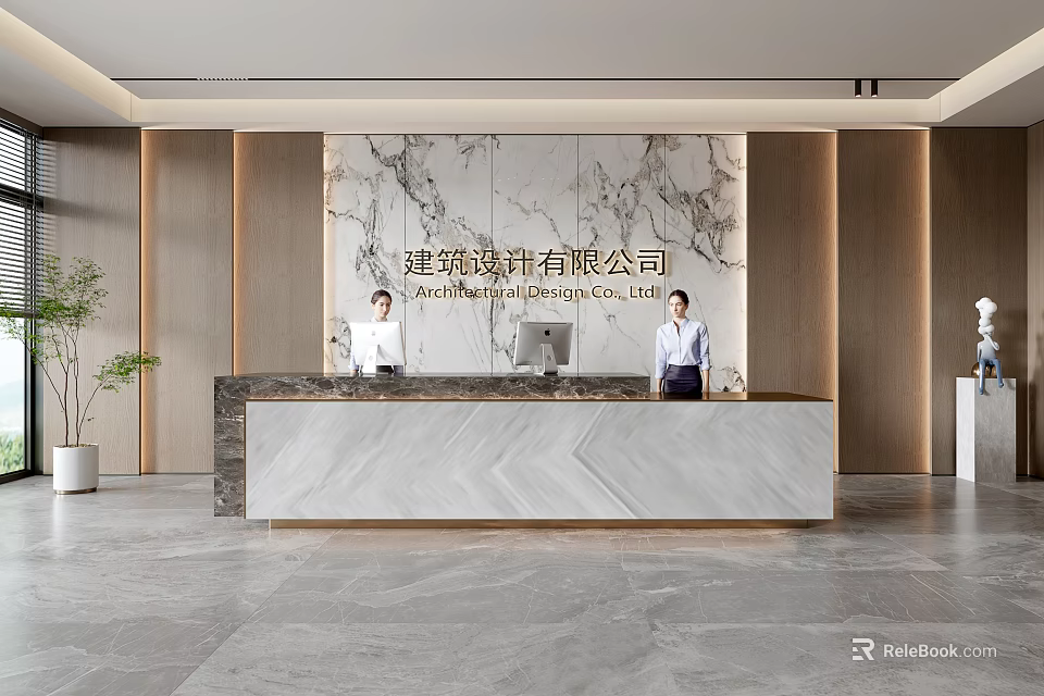 Front Desk Reception With Marble Backdrop And Receptionists At Modern Architecture Design Company 3d model 