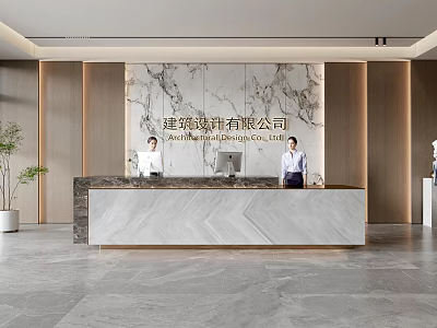 Front Desk Reception With Marble Backdrop And Receptionists At Modern Architecture Design Company 3d model