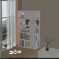 White Multi tiered Bookshelf with Books Decorative Items and Storage Baskets in Bright Living Room