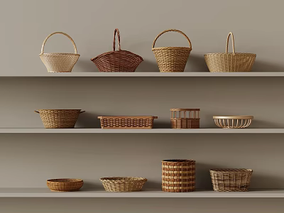 Collection of Woven Baskets Displayed on Shelves with Various Shapes Sizes and Natural Tones 3d model