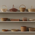 Collection of Woven Baskets Displayed on Shelves with Various Shapes Sizes and Natural Tones