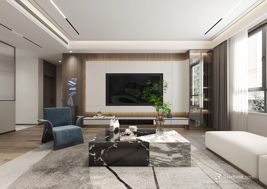 Modern Living Dining Room Interior With Marble Coffee Table Blue Sofa TV And Green Plant 3d model 
