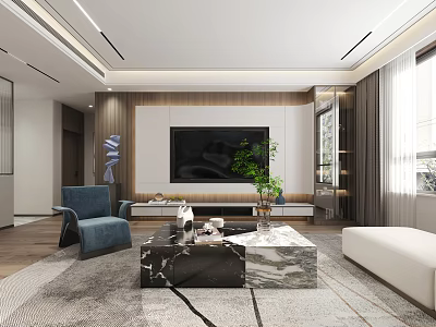 Modern Living Dining Room Interior With Marble Coffee Table Blue Sofa TV And Green Plant 3d model