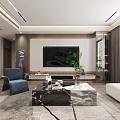 Modern Living Dining Room Interior With Marble Coffee Table Blue Sofa TV And Green Plant