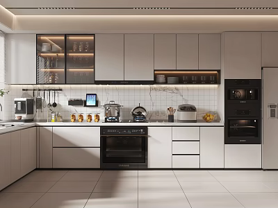Modern Kitchen Interior With White Cabinets Marble Countertops Appliances And Pendant Lights 3d model