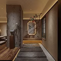 Traditional Japanese Restaurant Interior With Wooden Floors Hanging Pendant Lights And Green Plants