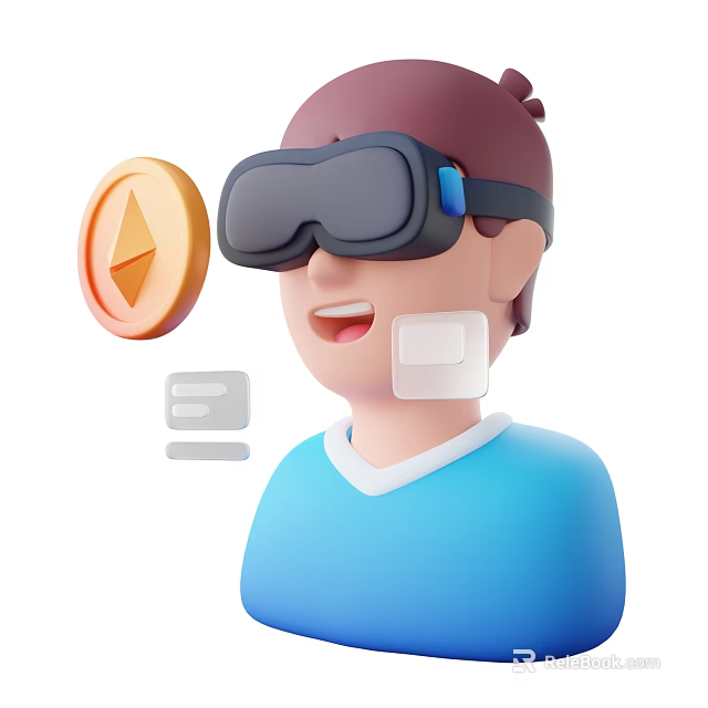 Man Wearing VR Headset Interacting With Ethereum Crypto And Virtual Interface 3d model 