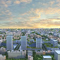 Modern Industrial Factory Complex In Urban Skyline With High Rise Buildings And Green Spaces