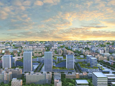 Modern Industrial Factory Complex In Urban Skyline With High Rise Buildings And Green Spaces 3d model