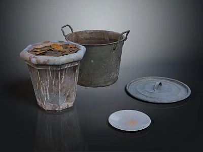 Vintage Weathered Household Items Old Bucket Container With Leaves Round Lid And Small Plate 3d model