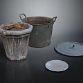 Vintage Weathered Household Items Old Bucket Container With Leaves Round Lid And Small Plate
