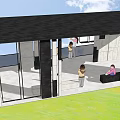 Modern Open Air Building Space With People Gathered Green Lawn And Blue Sky