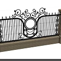 Building Exterior Decorative Iron Fence With Intricate Scrollwork Circular Motif And Stone Pillars