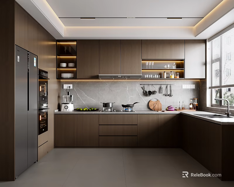 Modern Dark Brown Kitchen Interior With Gray Countertops Stainless Steel Refrigerator And Window 3d model 