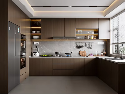 Modern Dark Brown Kitchen Interior With Gray Countertops Stainless Steel Refrigerator And Window 3d model