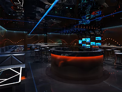 Modern Bar Interior With Circular Counter Neon Lighting Reflective Ceiling And Seating Area 3d model