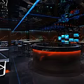 Modern Bar Interior With Circular Counter Neon Lighting Reflective Ceiling And Seating Area