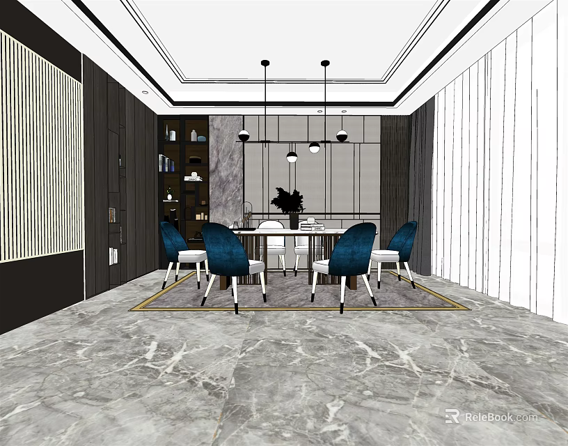 Elegant Dining Table Set With Blue Chairs Cabinets Marble Floor And Chandeliers 3d model