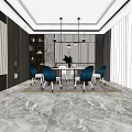 Elegant Dining Table Set With Blue Chairs Cabinets Marble Floor And Chandeliers 3d model