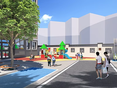 Garden Ornaments in Children Playground with Green Trees Colorful Pavement and Kids Playing 3d model