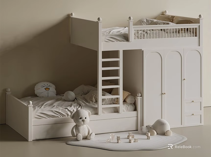White Bunk Bed in Kids Room with Storage Cabinet Stuffed Toys and Rug 3d model 