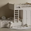 White Bunk Bed in Kids Room with Storage Cabinet Stuffed Toys and Rug