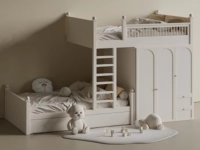 White Bunk Bed in Kids Room with Storage Cabinet Stuffed Toys and Rug 3d model
