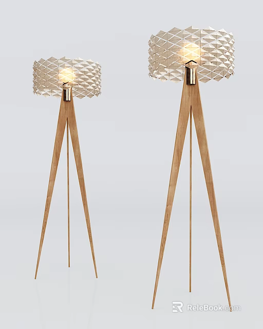 Modern Floor Lamps With Triangular Wooden Base Woven Textured Lampshade And Metal Accents Lit 3d model 