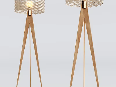 Modern Floor Lamps With Triangular Wooden Base Woven Textured Lampshade And Metal Accents Lit 3d model