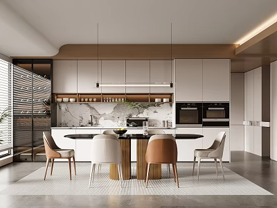 Modern Restaurant Kitchen Interior With Marble Island Counter Dining Chairs And Cabinetry 3d model