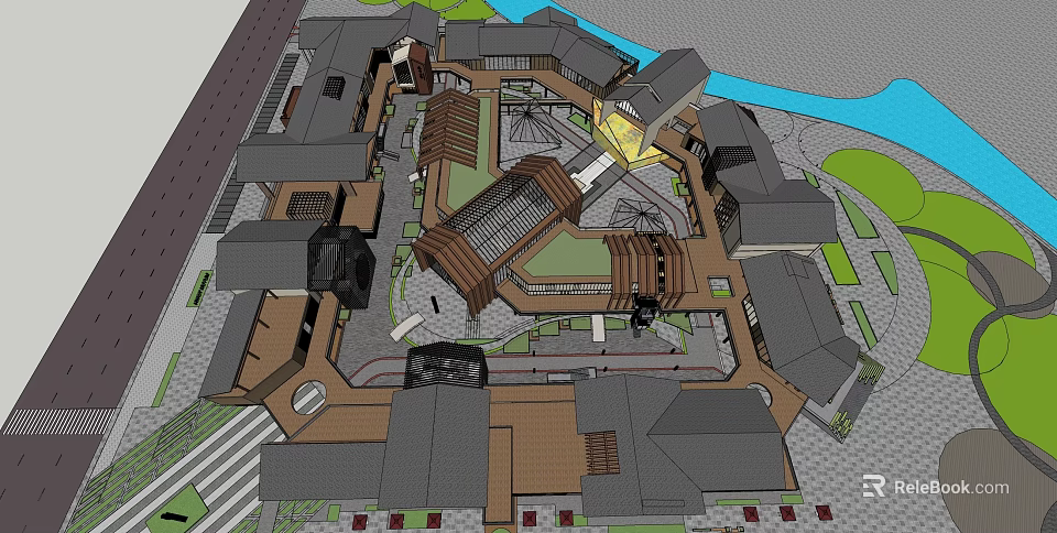 Traditional Style Commercial Street With Central Plaza Shops And Water Feature Layout 3d model 
