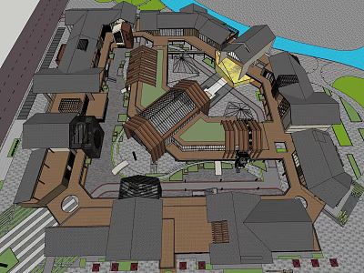 Traditional Style Commercial Street With Central Plaza Shops And Water Feature Layout 3d model