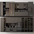 Modern Dark Gray Kitchen Cabinets With Glass Doors Metal Accents And Appliances