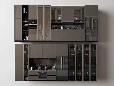 Modern Dark Gray Kitchen Cabinets With Glass Doors Metal Accents And Appliances 3d model