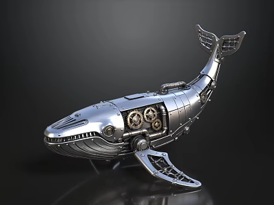 Silver Mechanical Whale Model With Intricate Gears And Metal Structure On Dark Background 3d model