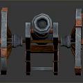 Vintage Cannon Weapon With Wooden Wheels Metal Barrel And Red Accents