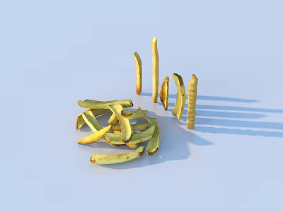 Golden Fried Potato Snacks With Straight And Spiral Shapes On Light Blue Background 3d model