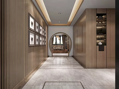 Modern Elevator Hallway Design With Wooden Walls Decorative Paintings And Round Mirror 3d model