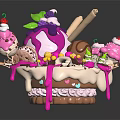 Decorated Dessert Assortment with Ice Cream Cones Cake Purple Drizzle Fresh Cherries and Chocolate Toppings