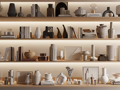 Decorative Ornament Combinations On Layered Shelves With Vases Books Sculptures And Ceramic Wares 3d model