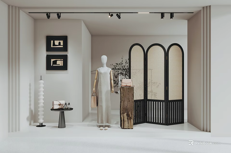 Minimalist Clothing Store Display with Mannequin Dress Handbag Arched Screen and Decorative Paintings 3d model 