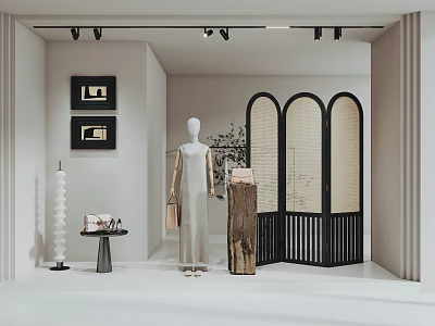 Minimalist Clothing Store Display with Mannequin Dress Handbag Arched Screen and Decorative Paintings 3d model