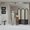 Minimalist Clothing Store Display with Mannequin Dress Handbag Arched Screen and Decorative Paintings