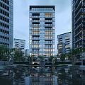 Modern High Rise Building Exterior With Glass Curtain Walls And Water Reflection