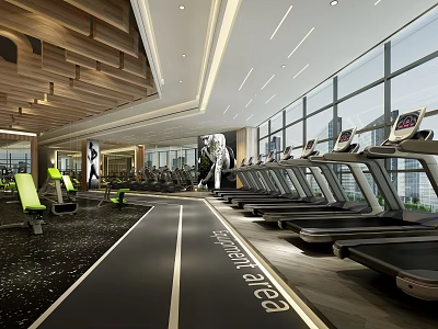 Modern Fitness Gym Interior With Treadmills Green Seats Large Windows And Wooden Ceiling Decor 3d model